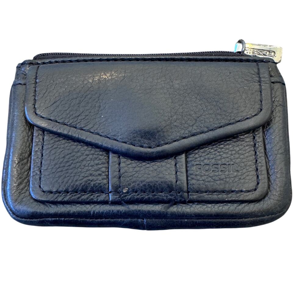 Fossil Black Leather Mini Zip Up Wallet Womens Classic